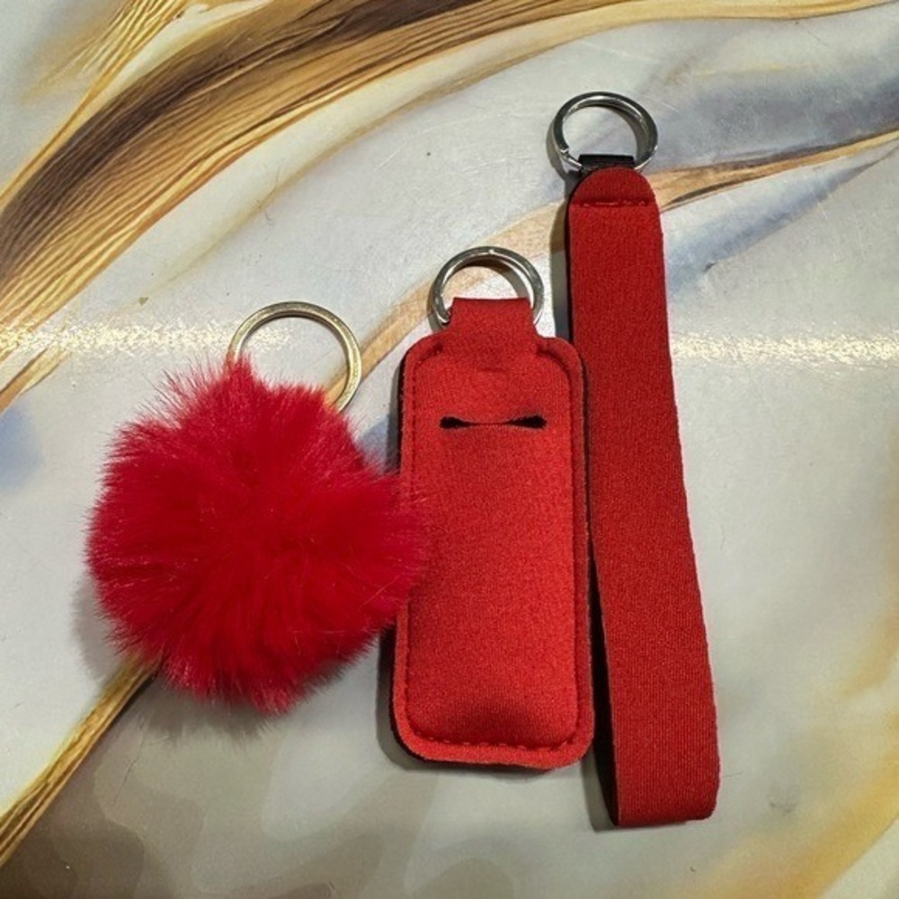 NEW keychain set lip balm holder & wristlet (5 inches) & pom pom